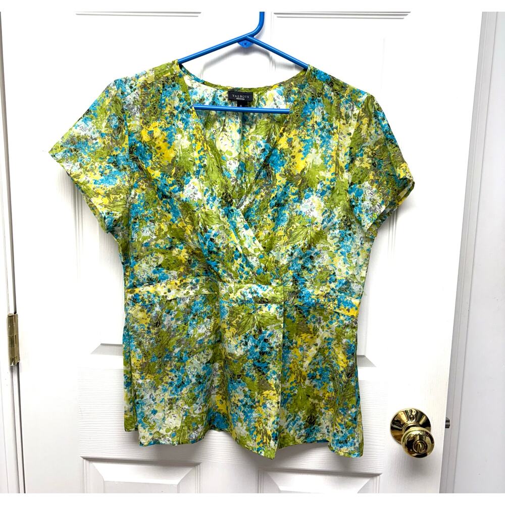 Talbots Blouse Silk Blend Green Floral Faux Wrap Short Sleeves Women’s Size 10